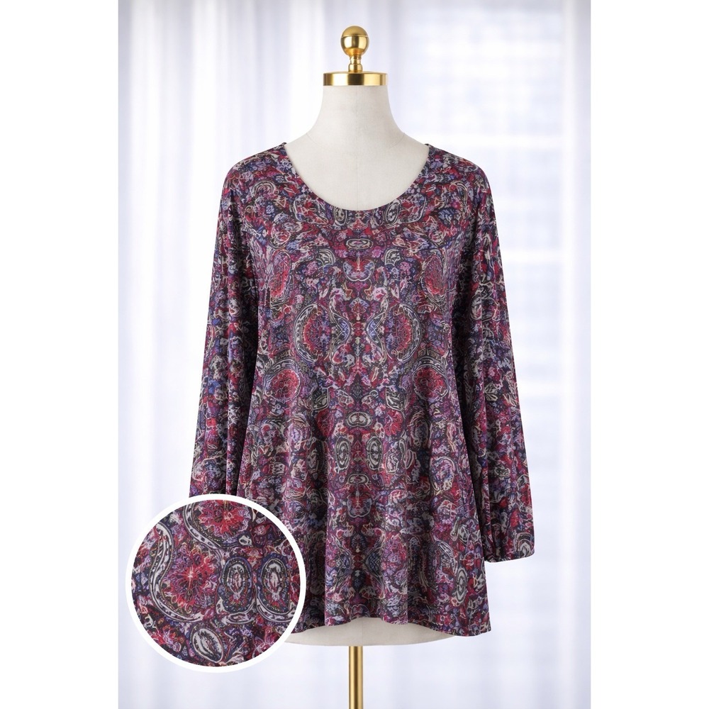 J.Jill Paisley Print Popover Top Tunic XL Deep Red Blue Bohemian Shark‎ Bite Hem